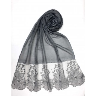 Designer Cotton diamond studded Women's Stole with flower print - Grey